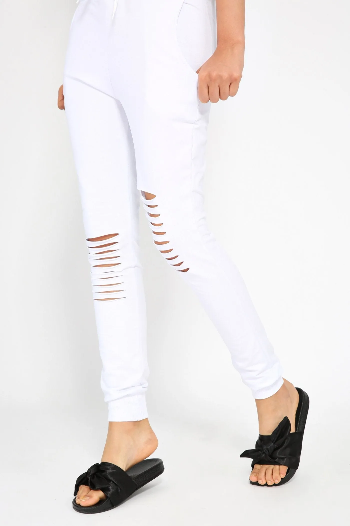 White Ripped Knee Sweat Joggers