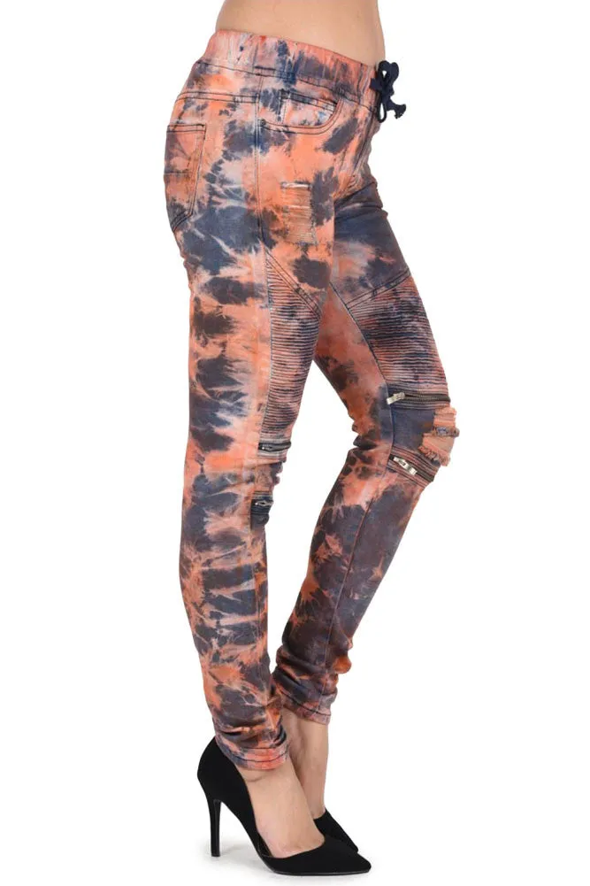 Women's Color Bleached Ripped Zipped Biker Joggers