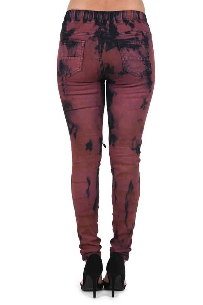 Women's Color Bleached Ripped Zipped Biker Joggers